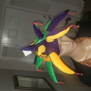 NWT Unisex Jester Velvet Hat Green Yellow Purple Bells Parade Mardi Gras